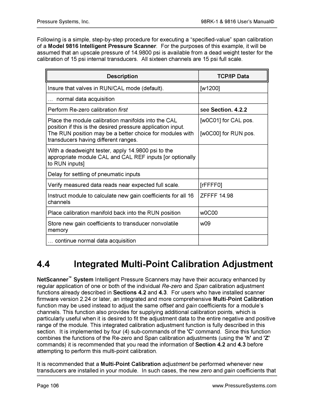 Pressure Systems 98RK-1 user manual Integrated Multi-Point Calibration Adjustment, See Section 