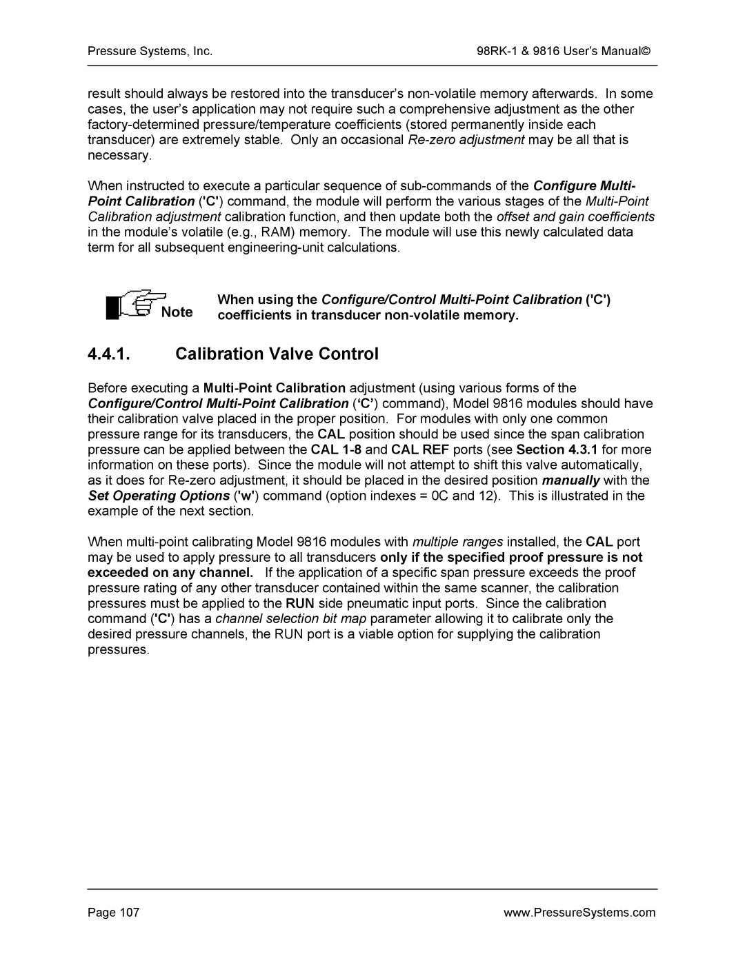 Pressure Systems 98RK-1 user manual Calibration Valve Control, Coefficients in transducer non-volatile memory 