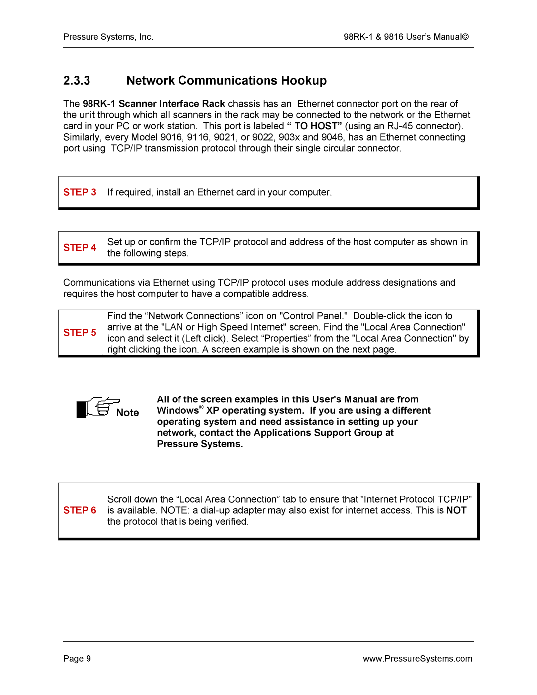 Pressure Systems 98RK-1 user manual Network Communications Hookup, Step 