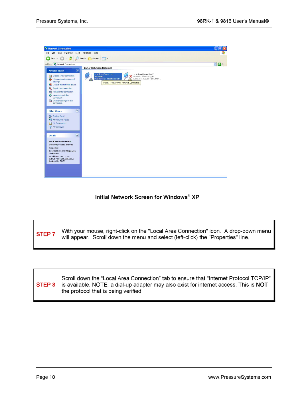 Pressure Systems 98RK-1 user manual Initial Network Screen for Windows XP 