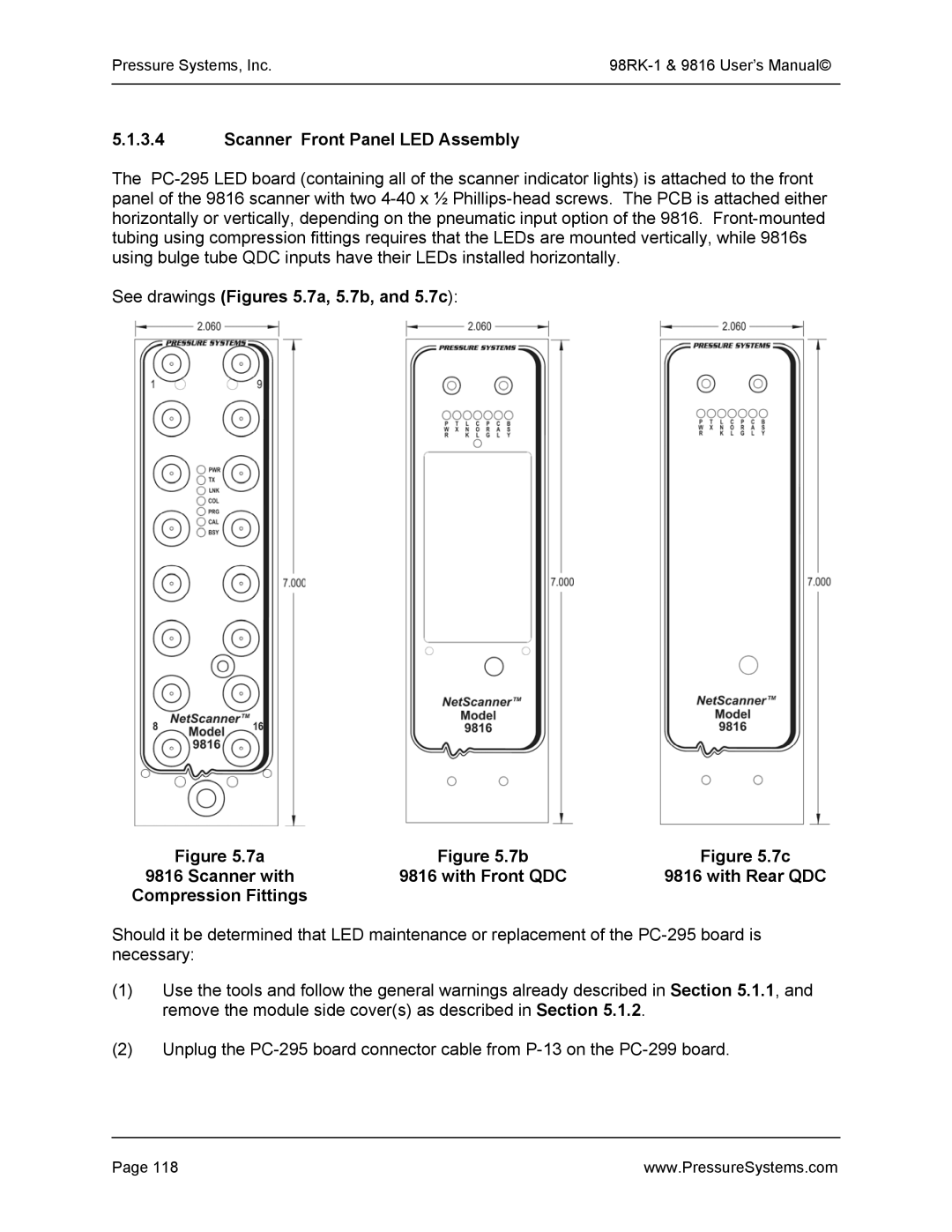 Pressure Systems 98RK-1 Scanner Front Panel LED Assembly, See drawings Figures 5.7a, 5.7b, and 5.7c Scanner with 