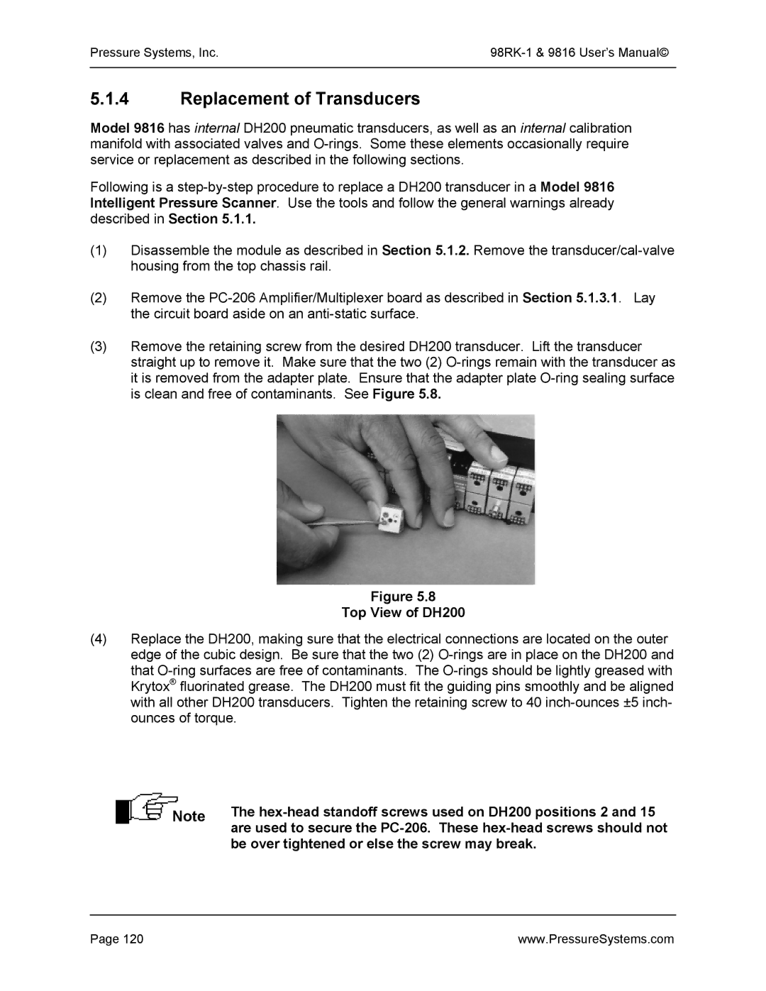 Pressure Systems 98RK-1 Replacement of Transducers, Top View of DH200, Hex-head standoff screws used on DH200 positions 2 