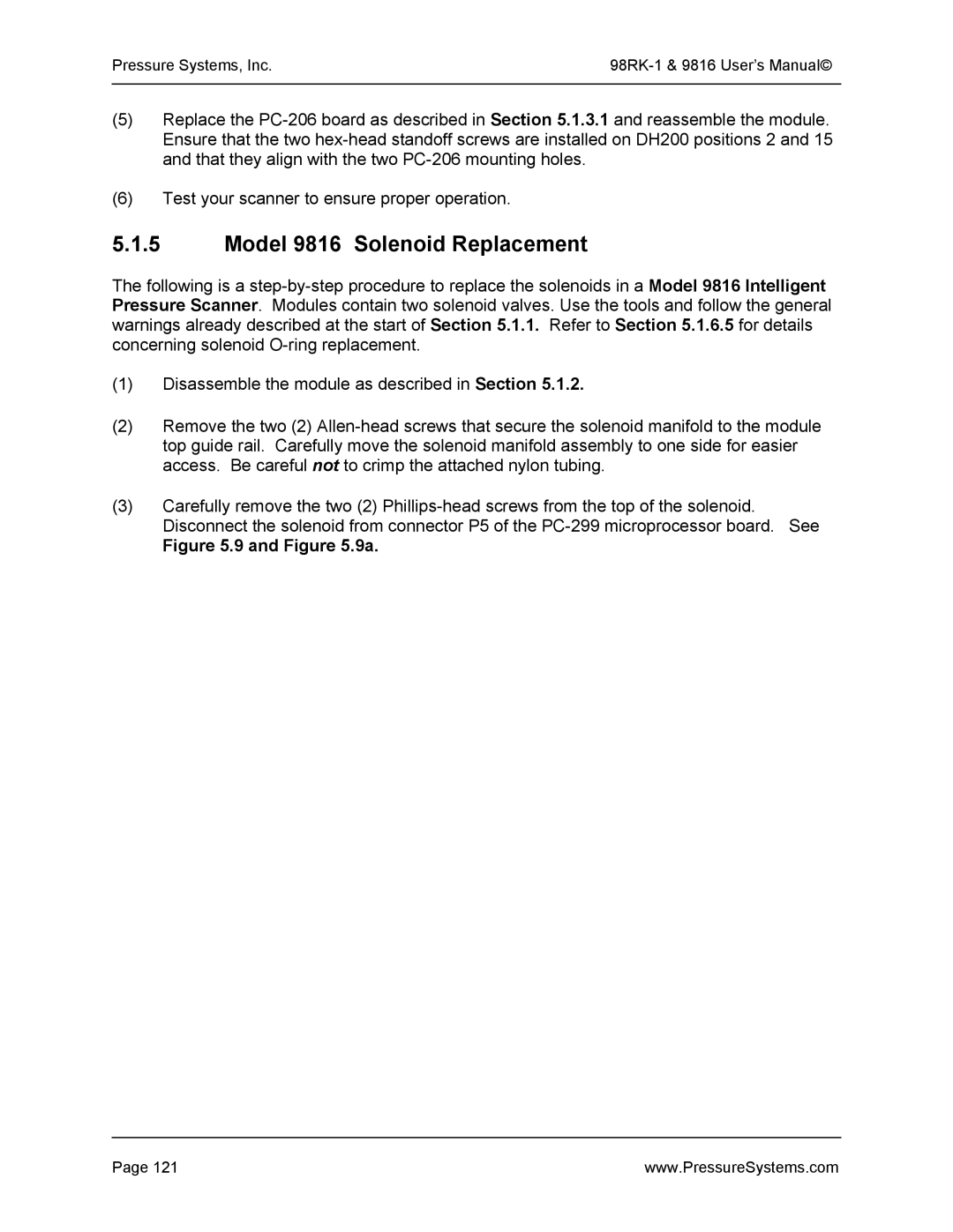 Pressure Systems 98RK-1 user manual Model 9816 Solenoid Replacement, 9a 