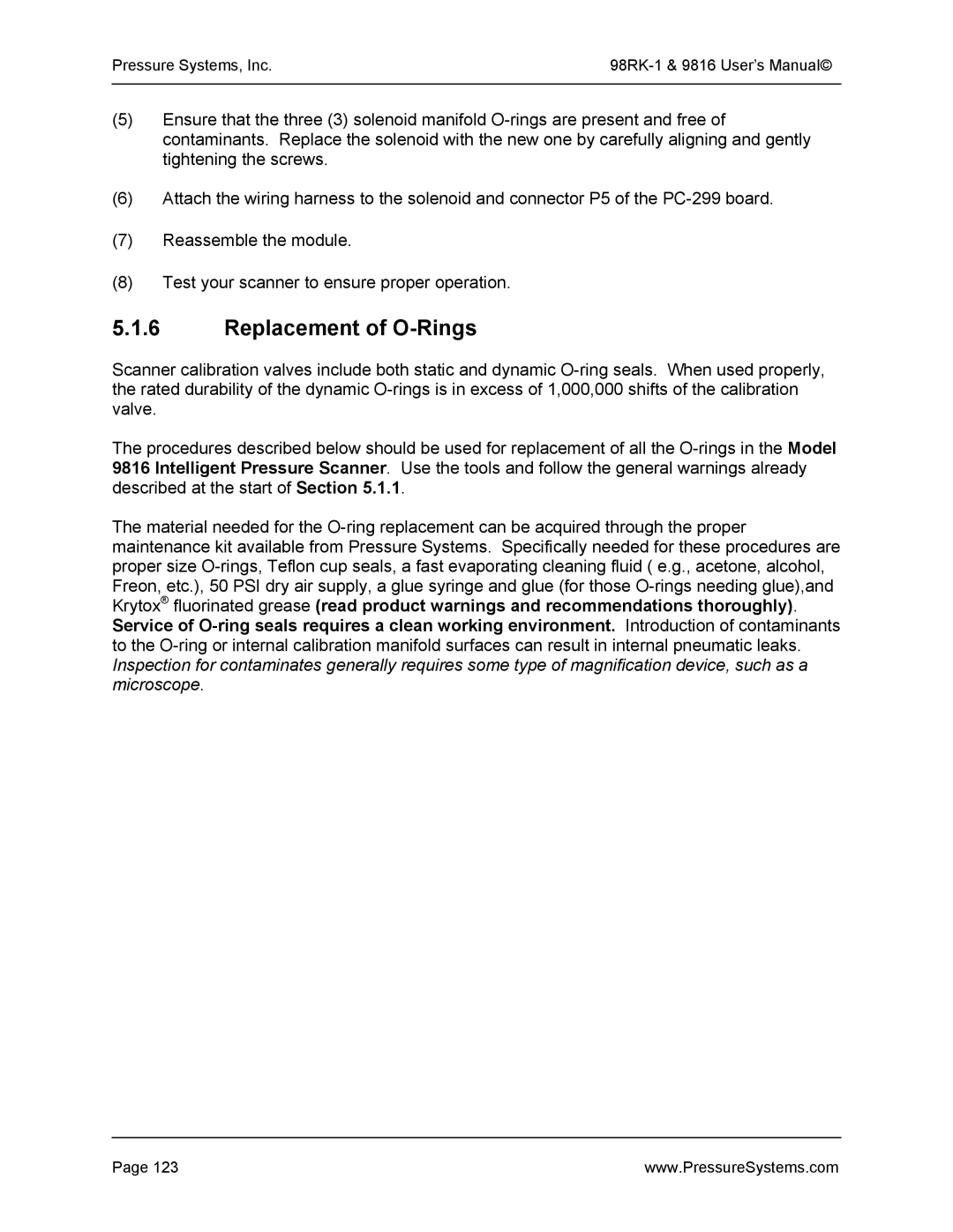 Pressure Systems 98RK-1 user manual Replacement of O-Rings 