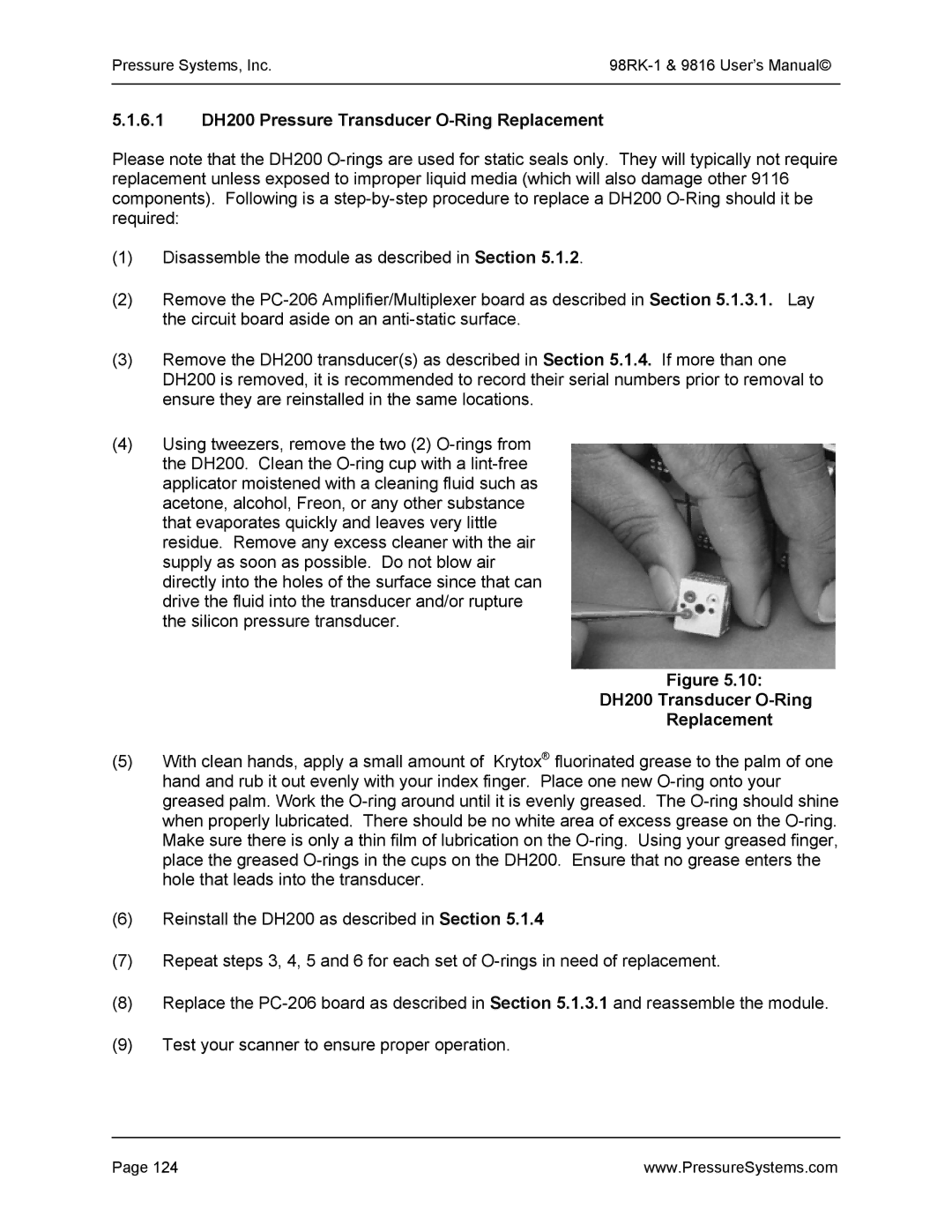 Pressure Systems 98RK-1 user manual 6.1 DH200 Pressure Transducer O-Ring Replacement, DH200 Transducer O-Ring Replacement 