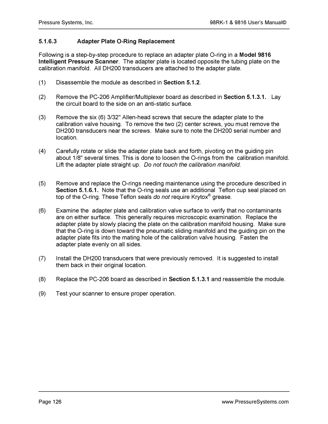 Pressure Systems 98RK-1 user manual Adapter Plate O-Ring Replacement 