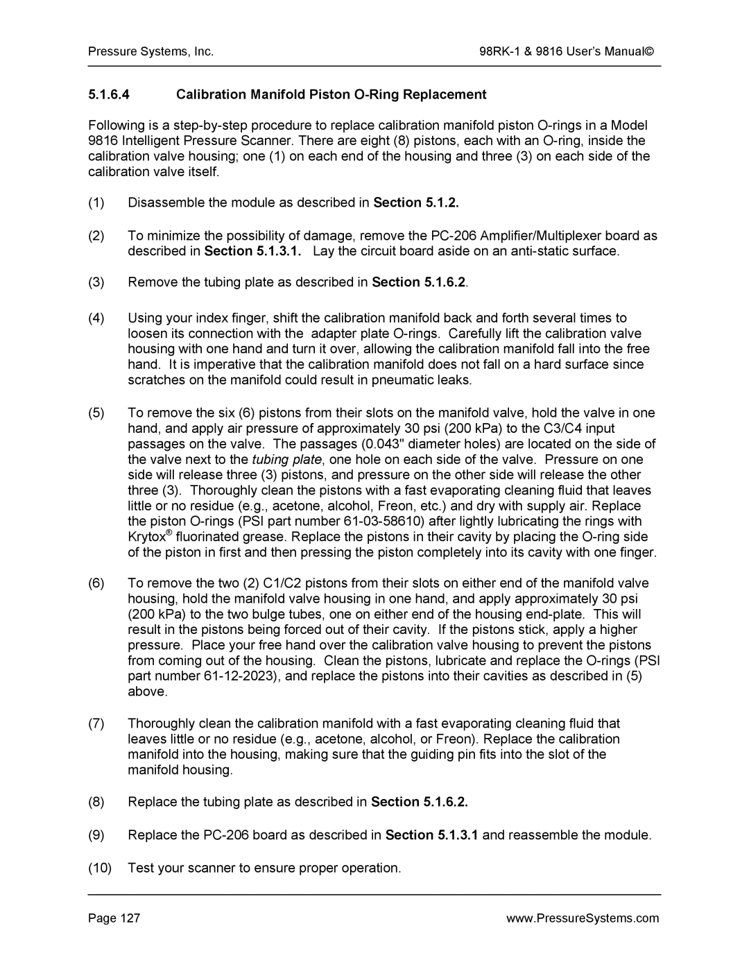 Pressure Systems 98RK-1 user manual Calibration Manifold Piston O-Ring Replacement 