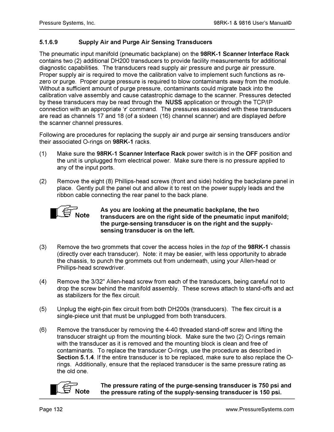 Pressure Systems 98RK-1 user manual Supply Air and Purge Air Sensing Transducers 