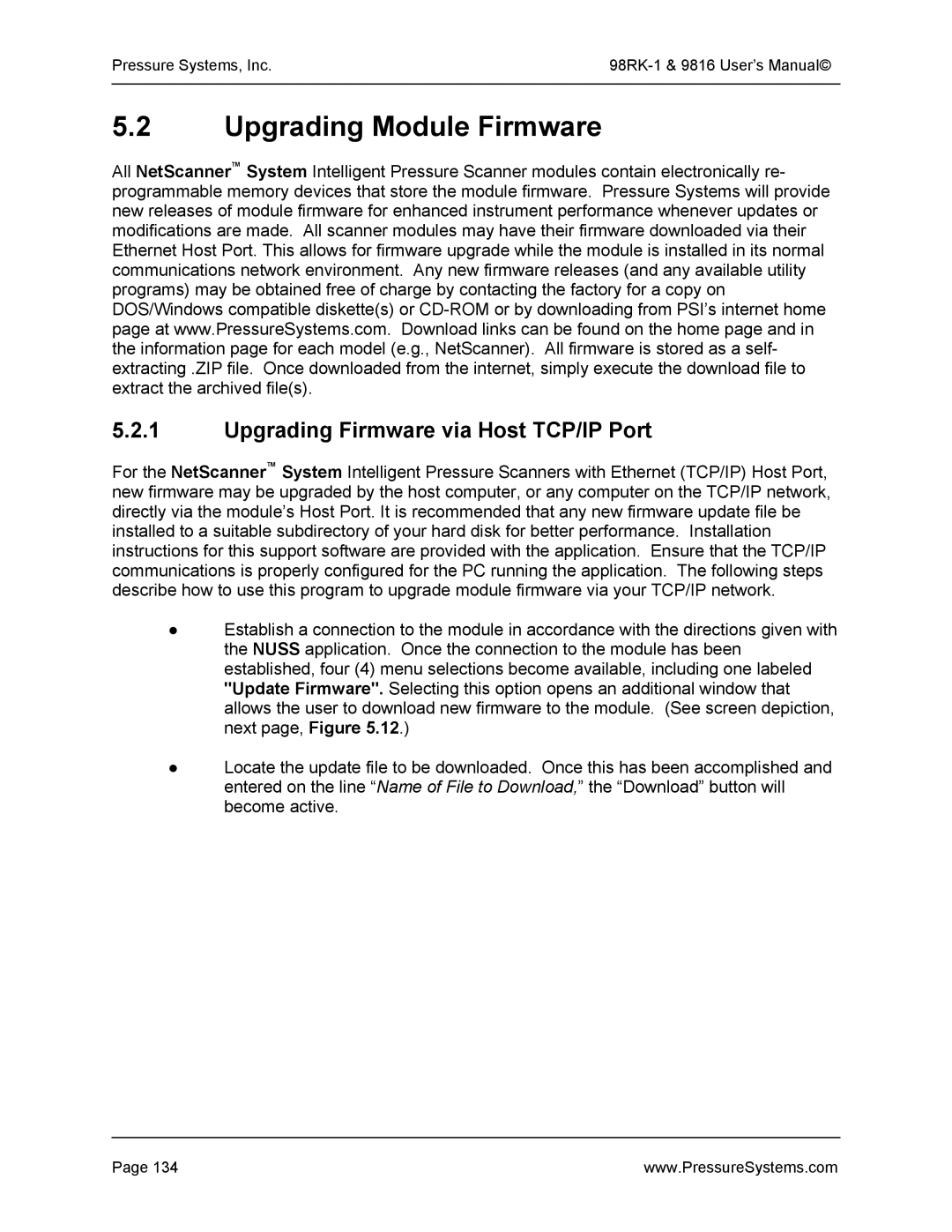 Pressure Systems 98RK-1 user manual Upgrading Module Firmware, Upgrading Firmware via Host TCP/IP Port 