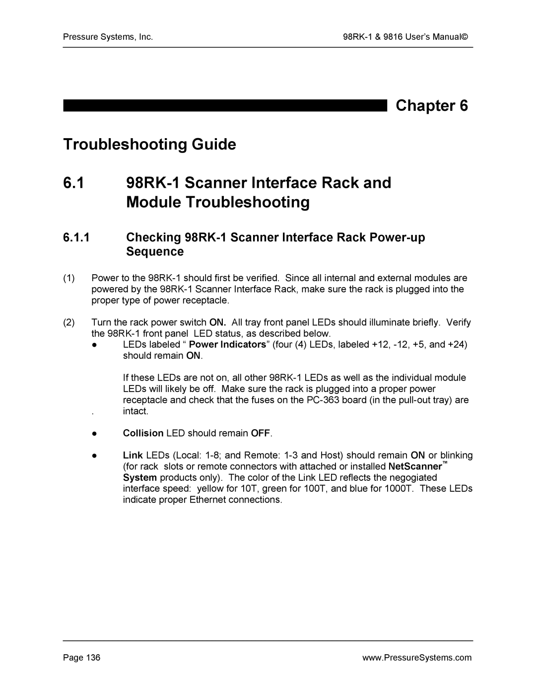 Pressure Systems user manual Checking 98RK-1 Scanner Interface Rack Power-up Sequence 