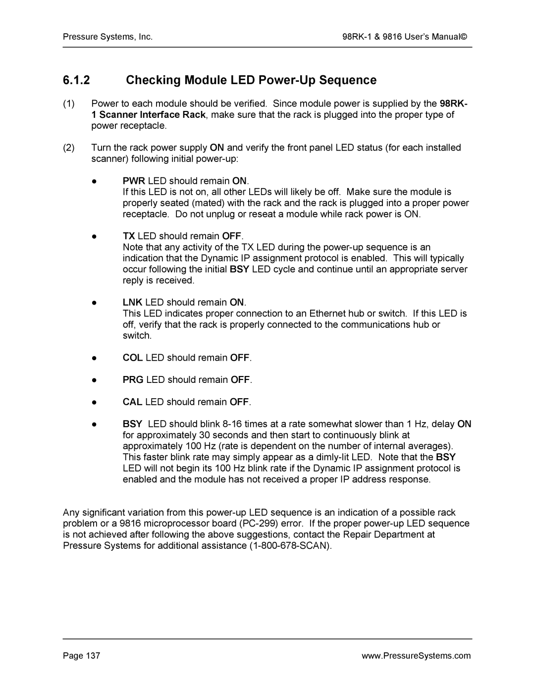 Pressure Systems 98RK-1 user manual Checking Module LED Power-Up Sequence 