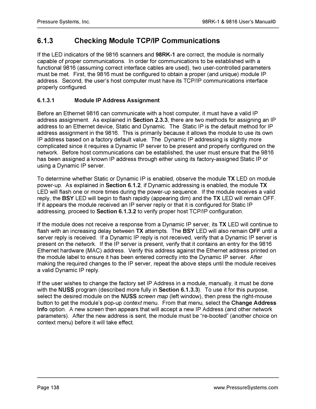 Pressure Systems 98RK-1 user manual Checking Module TCP/IP Communications, Module IP Address Assignment 