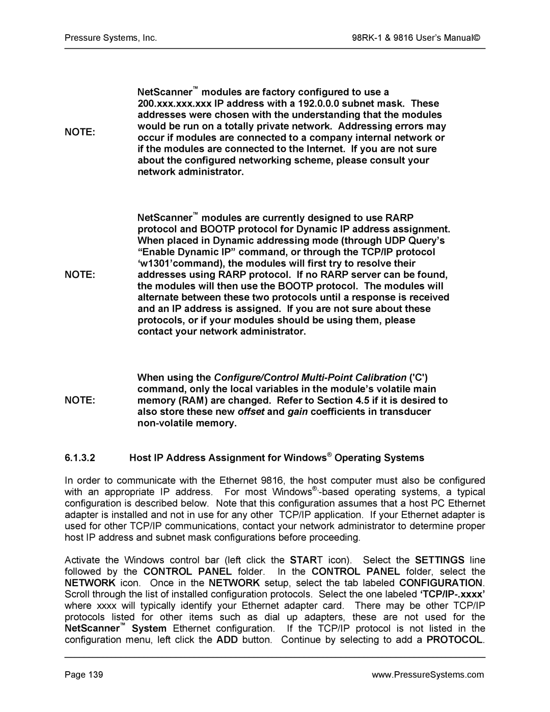 Pressure Systems 98RK-1 user manual Host IP Address Assignment for Windows Operating Systems 