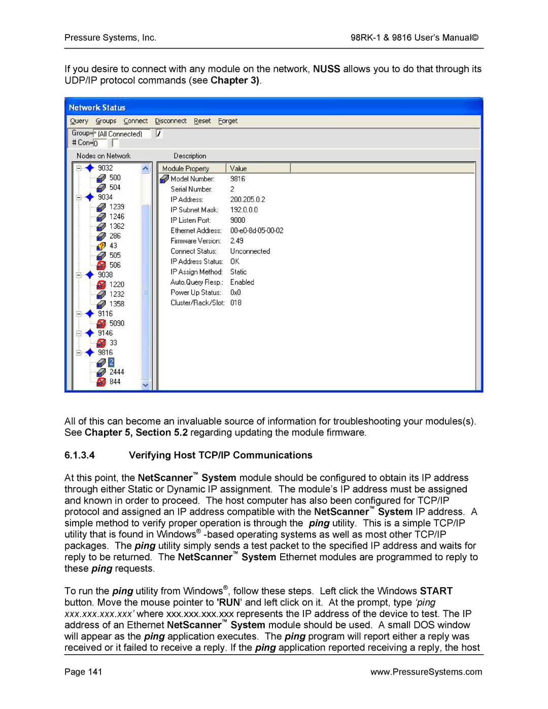 Pressure Systems 98RK-1 user manual Verifying Host TCP/IP Communications 