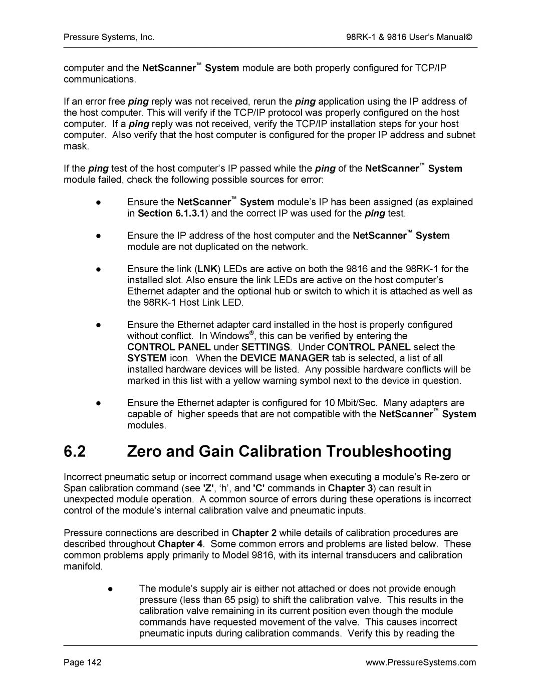 Pressure Systems 98RK-1 user manual Zero and Gain Calibration Troubleshooting 