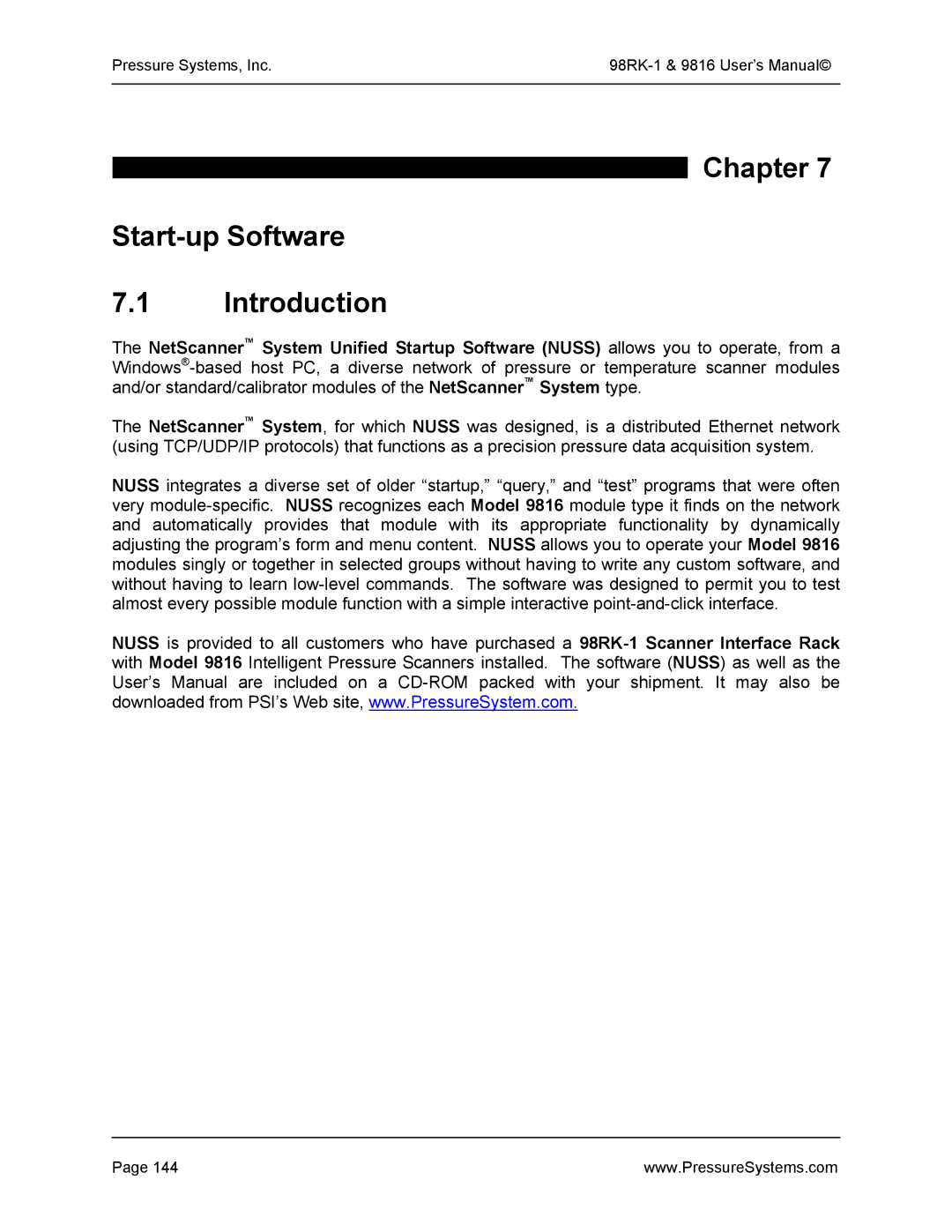 Pressure Systems 98RK-1 user manual Chapter Start-up Software Introduction 