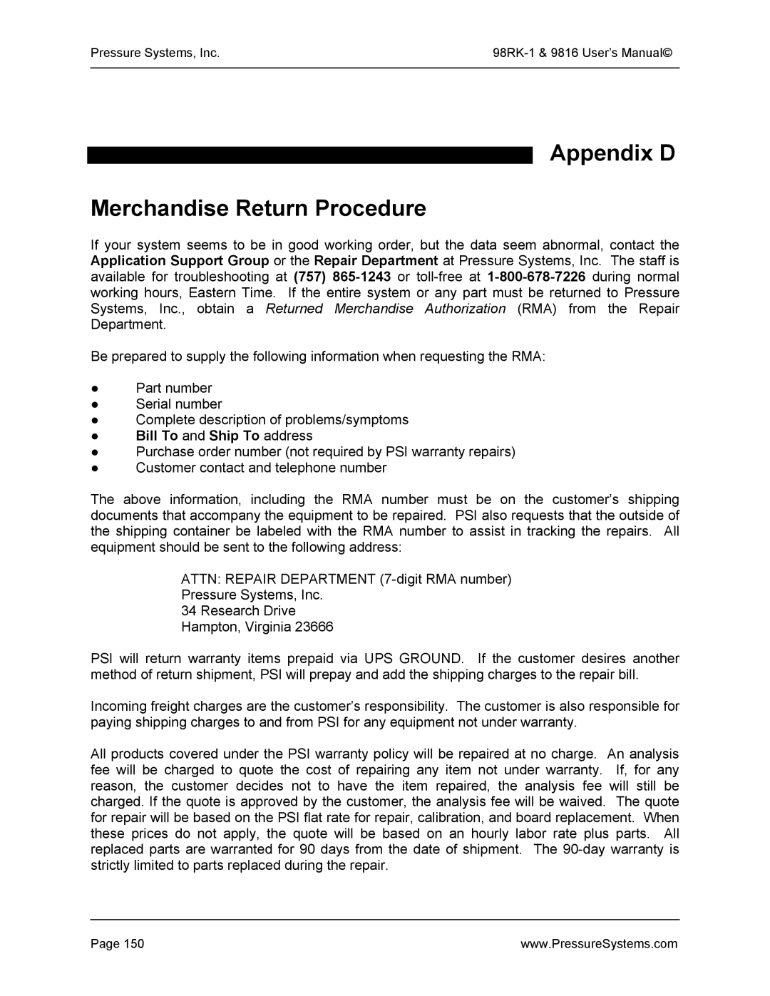 Pressure Systems 98RK-1 user manual Appendix D Merchandise Return Procedure, Bill To and Ship To address 