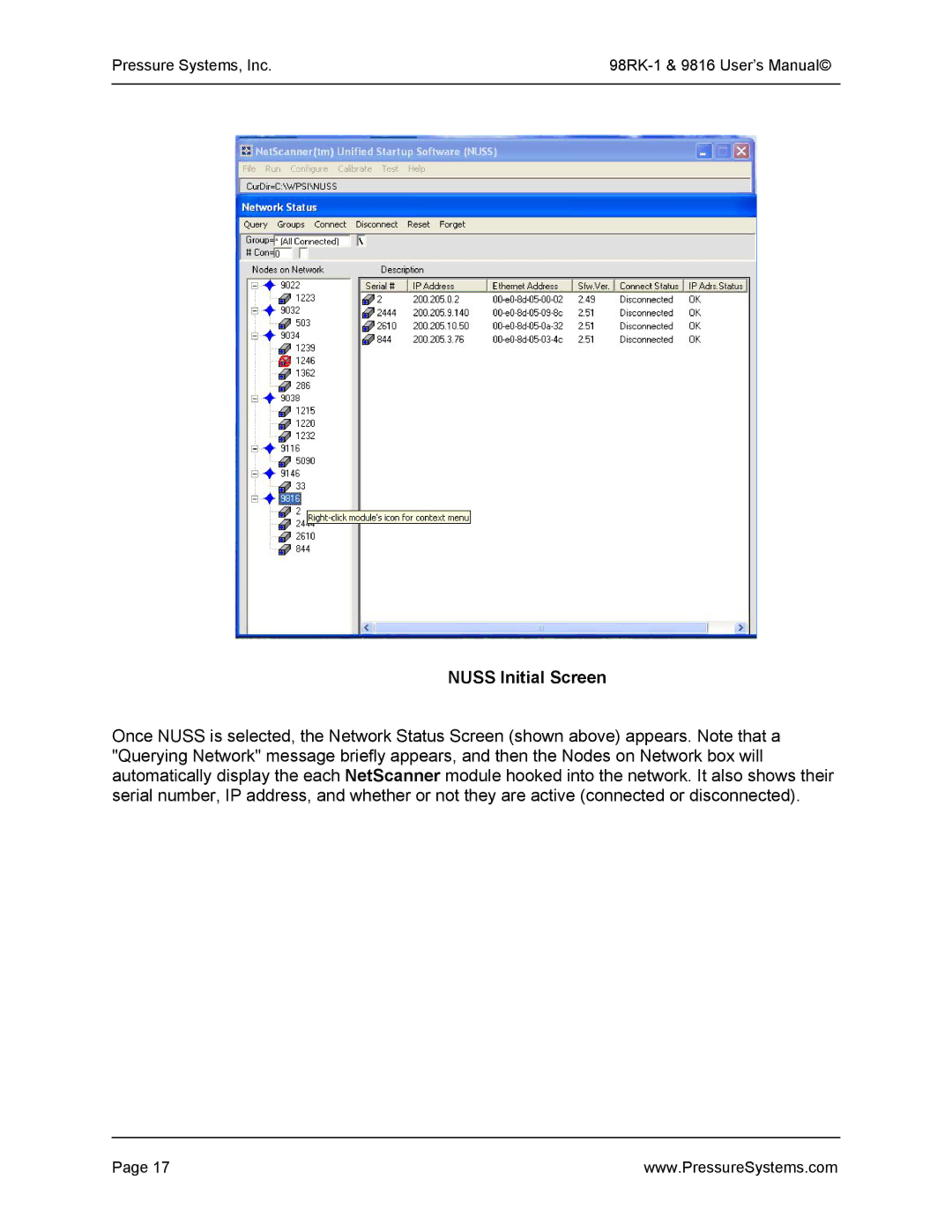 Pressure Systems 98RK-1 user manual Nuss Initial Screen 