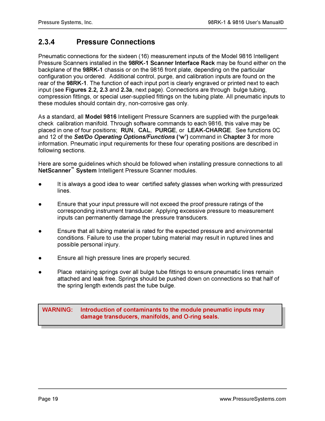 Pressure Systems 98RK-1 user manual Pressure Connections 