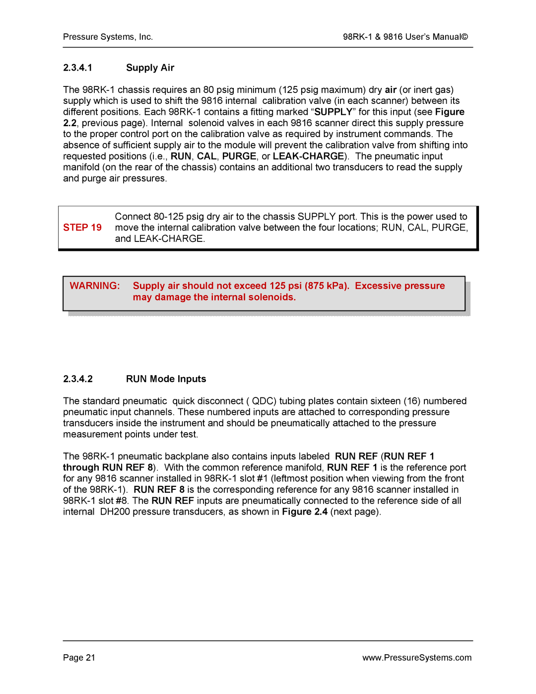 Pressure Systems 98RK-1 user manual Supply Air, RUN Mode Inputs 