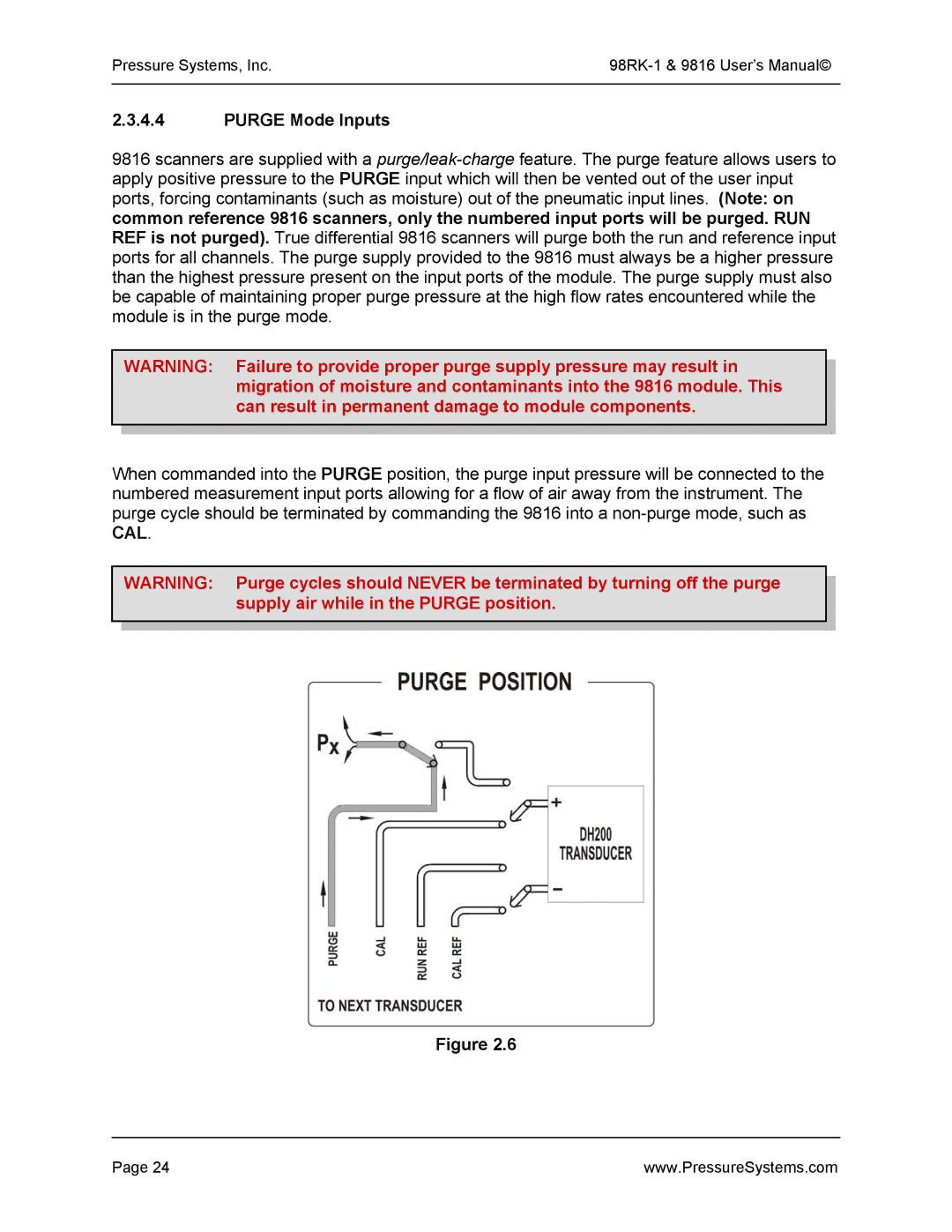 Pressure Systems 98RK-1 user manual Purge Mode Inputs 