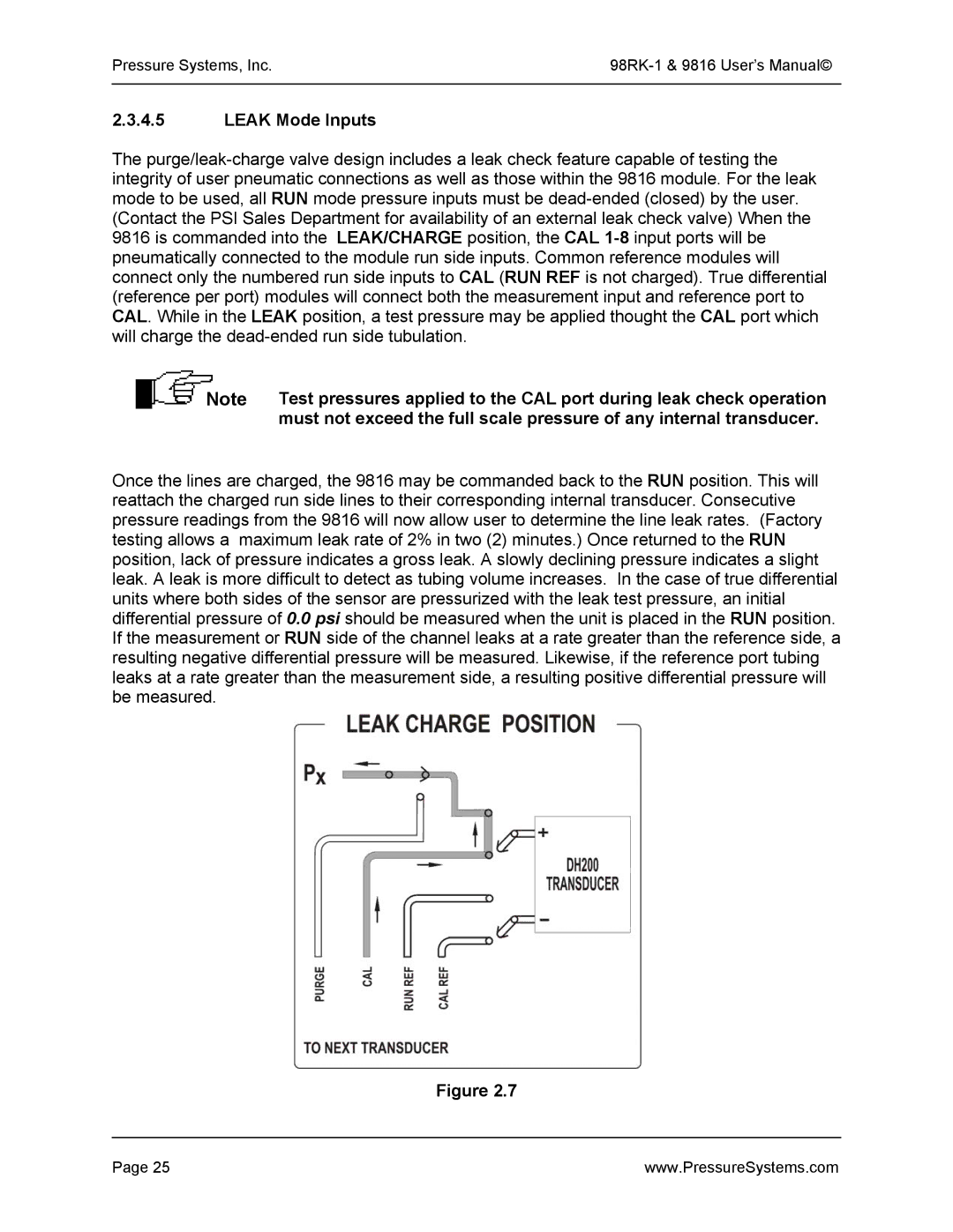 Pressure Systems 98RK-1 user manual Leak Mode Inputs 