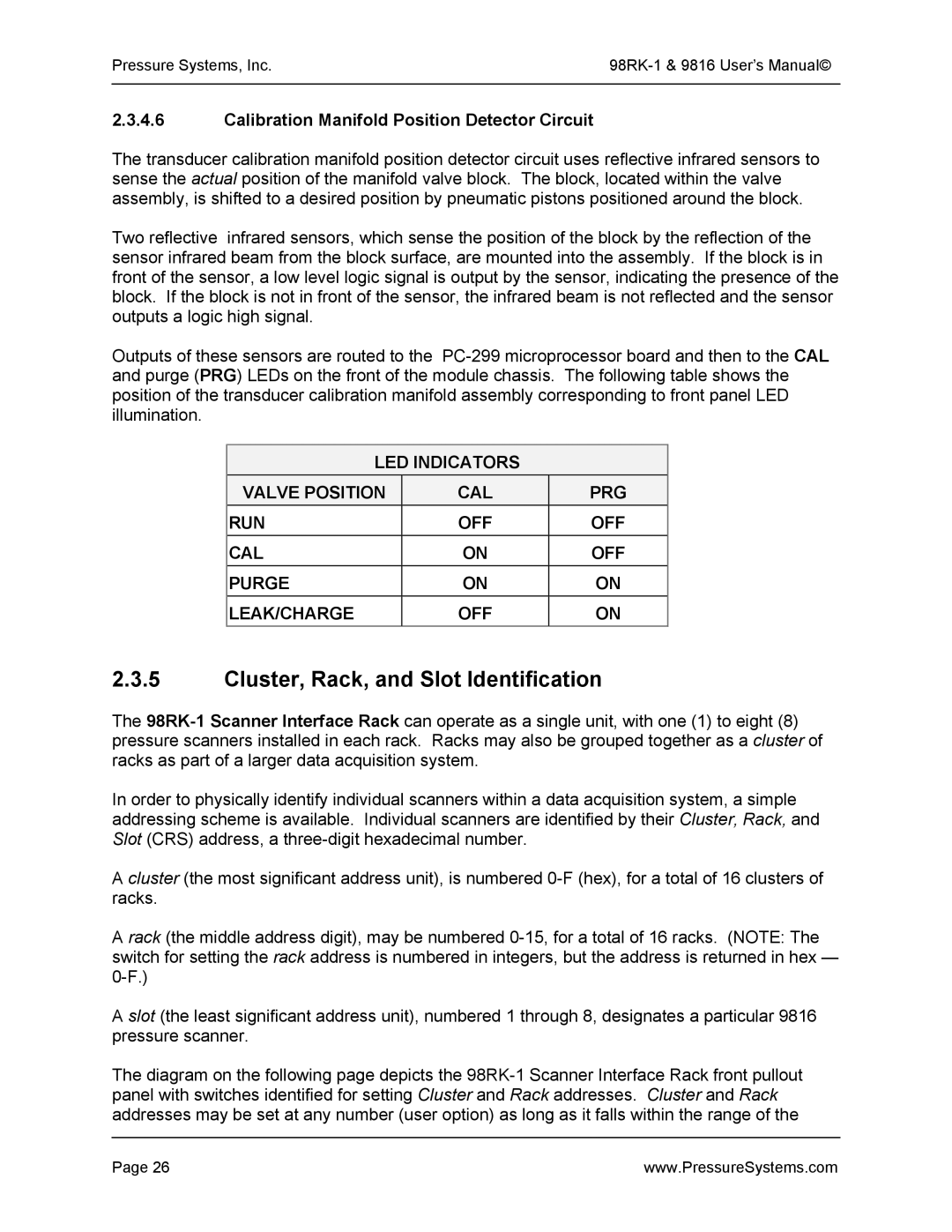 Pressure Systems 98RK-1 user manual Cluster, Rack, and Slot Identification, Calibration Manifold Position Detector Circuit 