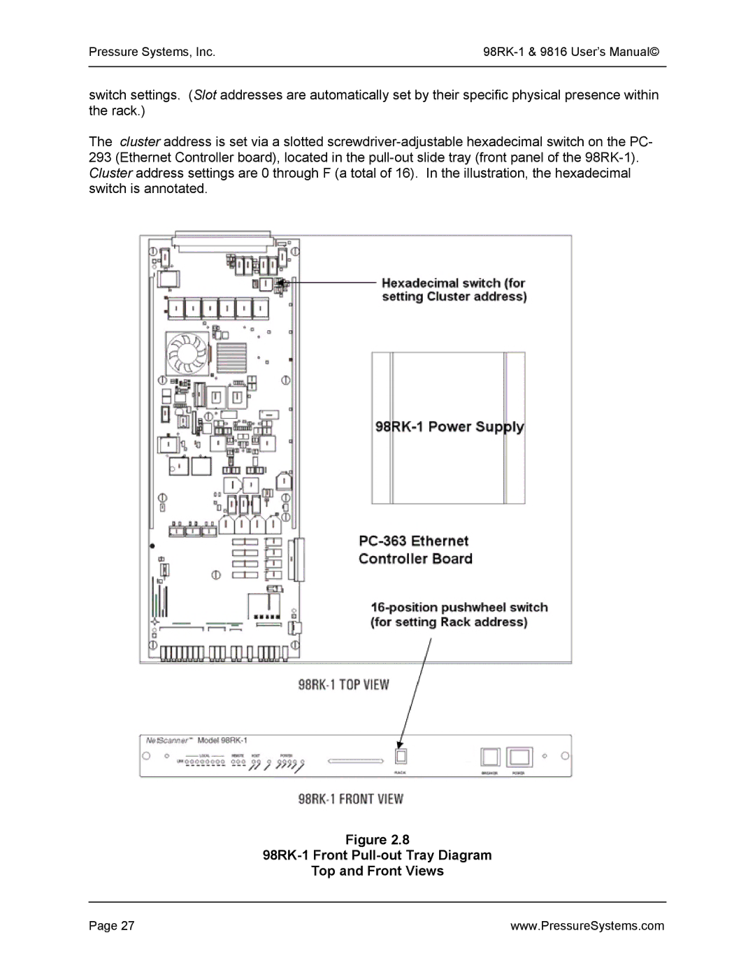 Pressure Systems user manual 98RK-1 Front Pull-out Tray Diagram Top and Front Views 