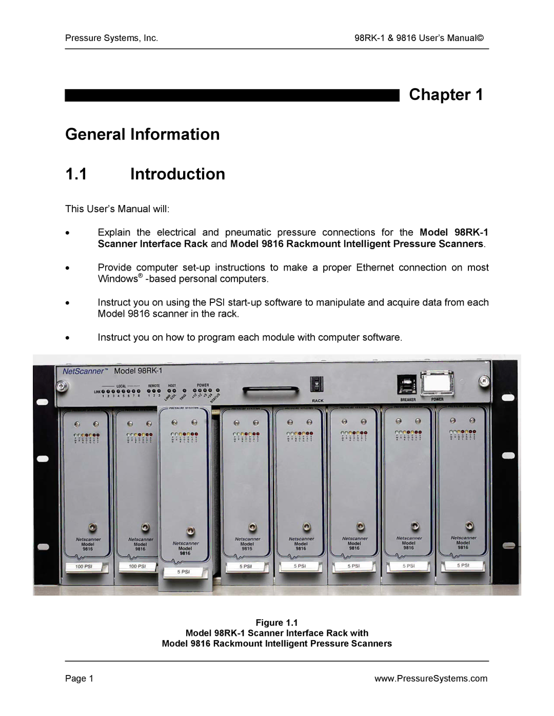 Pressure Systems 98RK-1 user manual Chapter General Information Introduction 