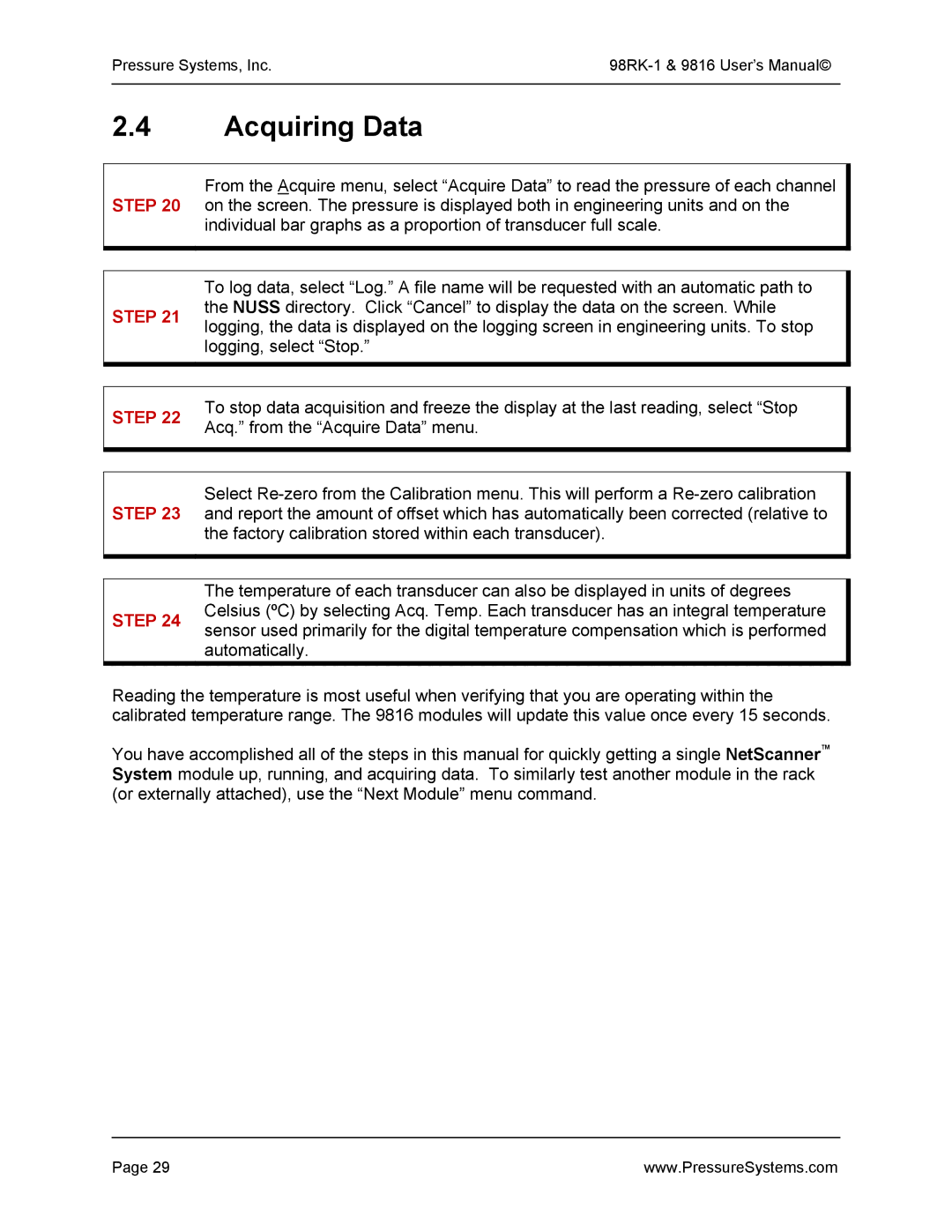 Pressure Systems 98RK-1 user manual Acquiring Data 