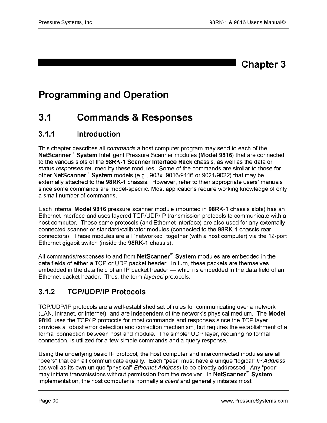 Pressure Systems 98RK-1 Chapter Programming and Operation Commands & Responses, Introduction, 2 TCP/UDP/IP Protocols 