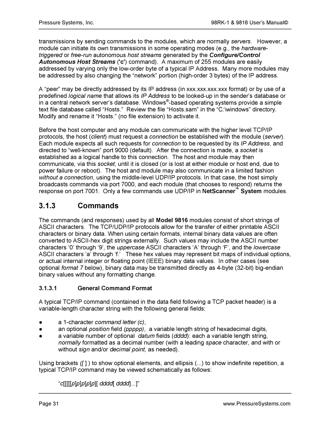 Pressure Systems 98RK-1 user manual Commands, General Command Format 