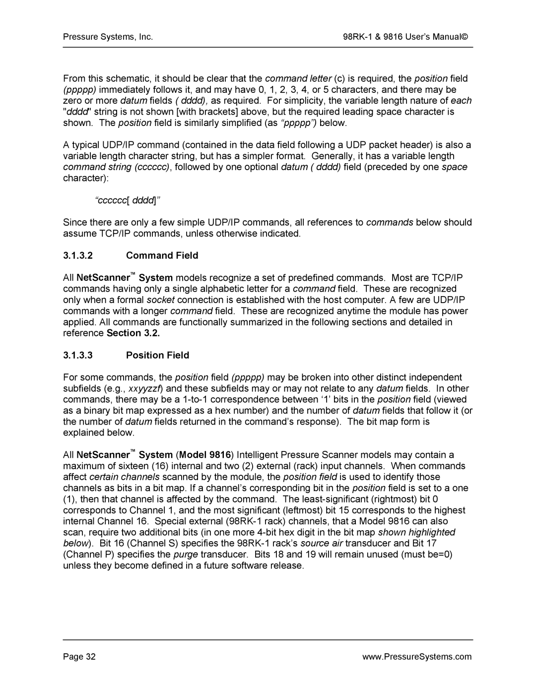 Pressure Systems 98RK-1 user manual Command Field, Position Field 