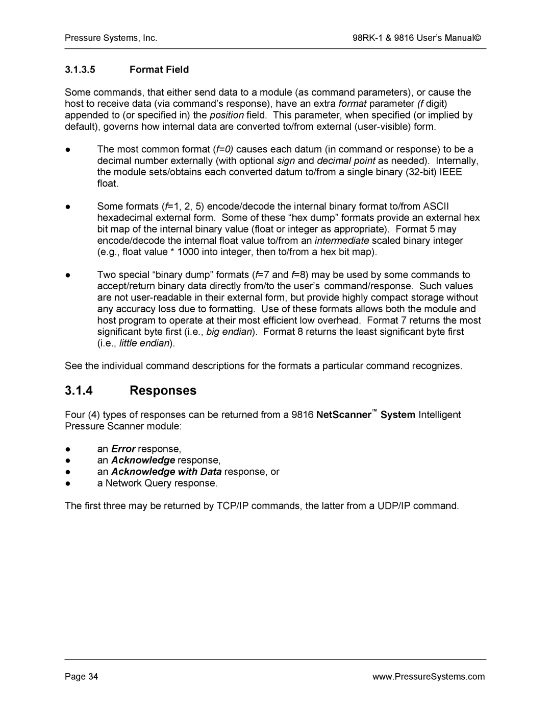 Pressure Systems 98RK-1 user manual Responses, Format Field, An Acknowledge with Data response, or 