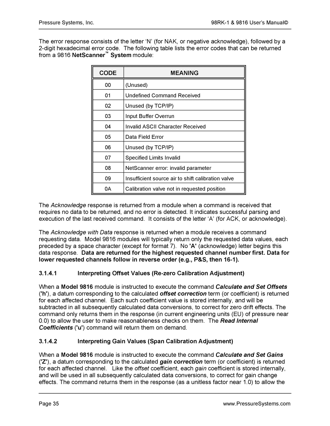 Pressure Systems 98RK-1 user manual Interpreting Offset Values Re-zero Calibration Adjustment 