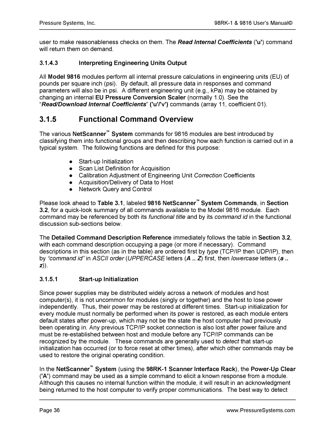 Pressure Systems 98RK-1 user manual Functional Command Overview, Interpreting Engineering Units Output 