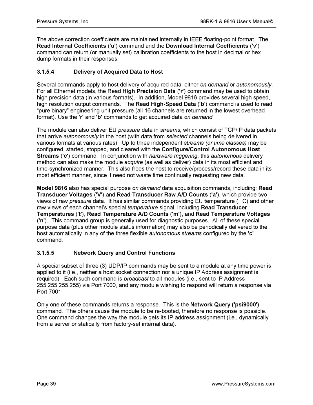 Pressure Systems 98RK-1 user manual Delivery of Acquired Data to Host, Network Query and Control Functions 