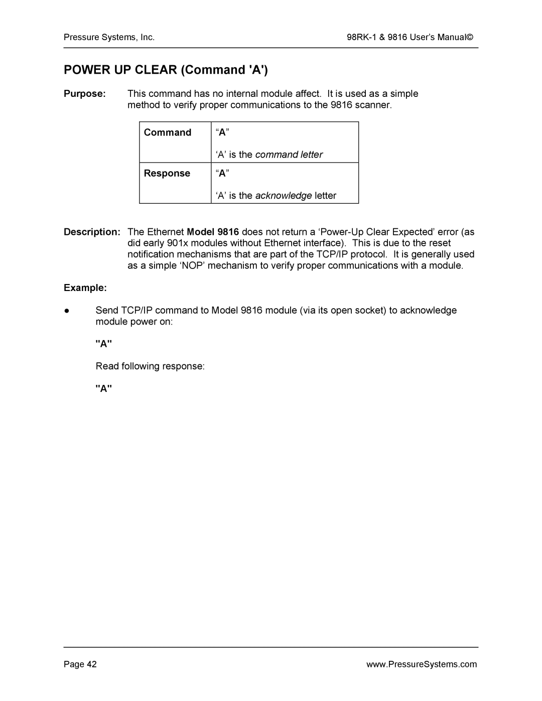 Pressure Systems 98RK-1 user manual Power UP Clear Command a, Response, Example 