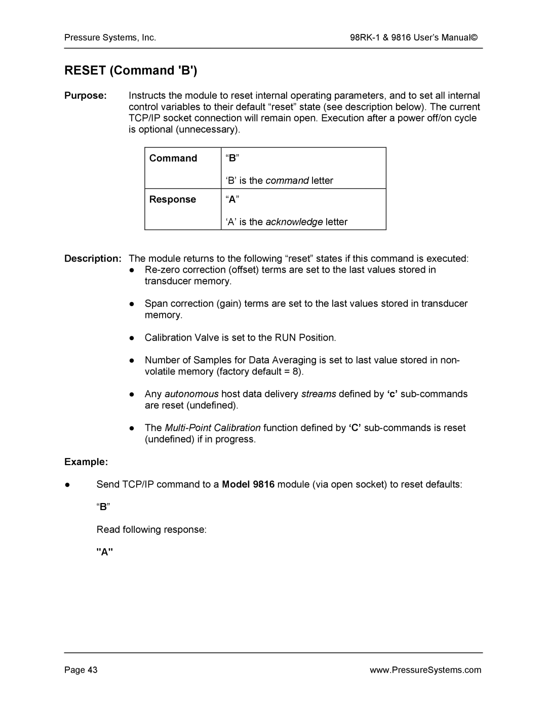 Pressure Systems 98RK-1 user manual Reset Command B 