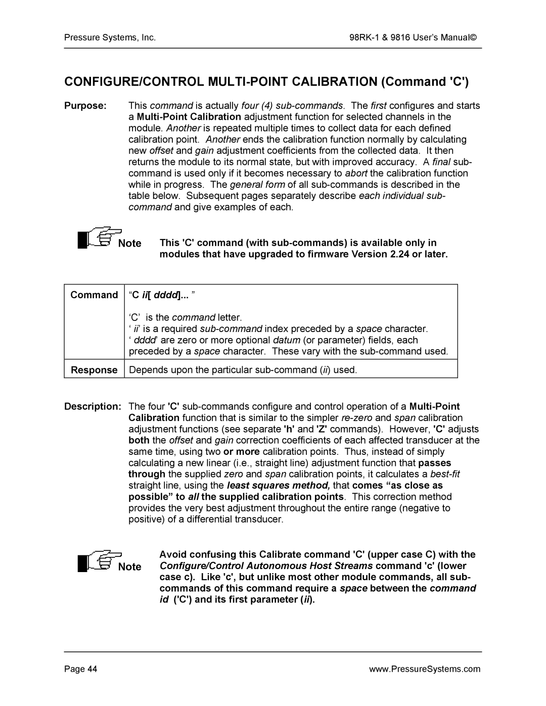 Pressure Systems 98RK-1 user manual CONFIGURE/CONTROL MULTI-POINT Calibration Command C, Command C ii dddd 