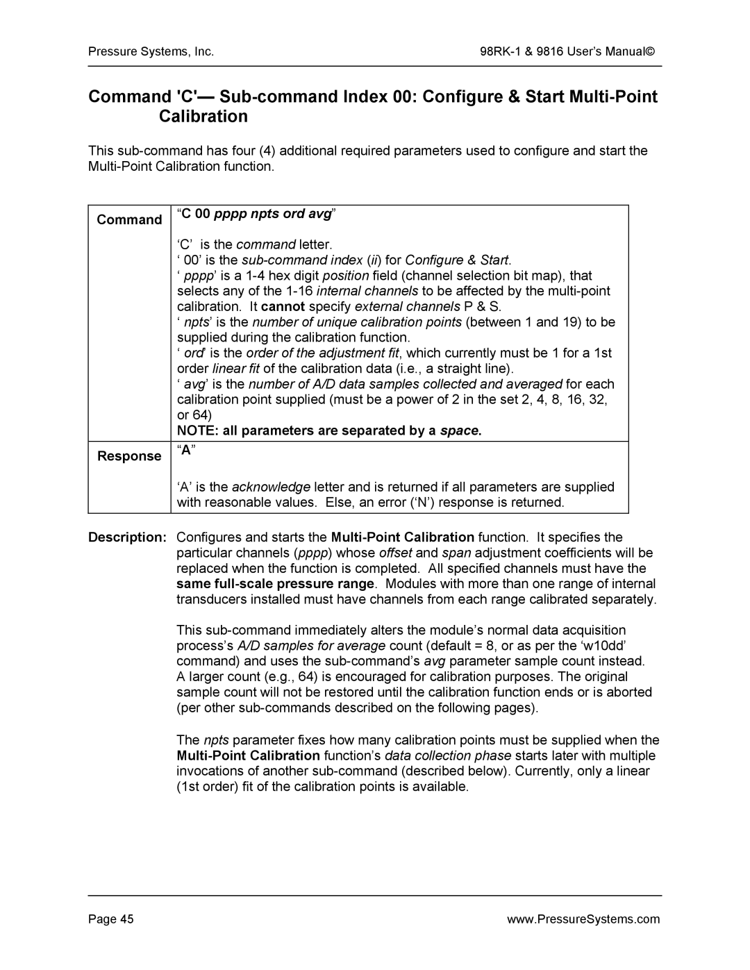 Pressure Systems 98RK-1 user manual Command C 00 pppp npts ord avg, Response a 