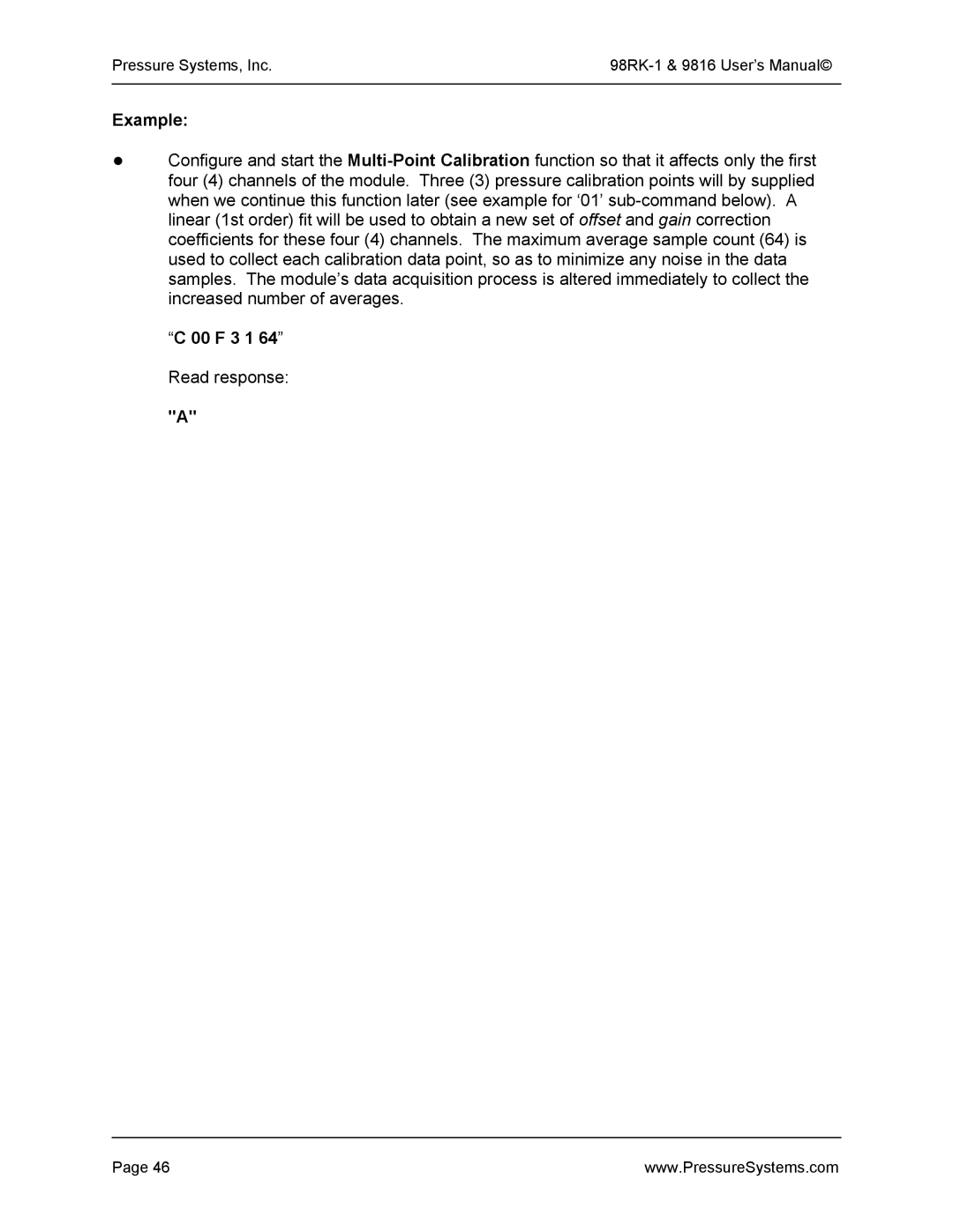 Pressure Systems 98RK-1 user manual Example, 00 F 3 1 64 Read response 