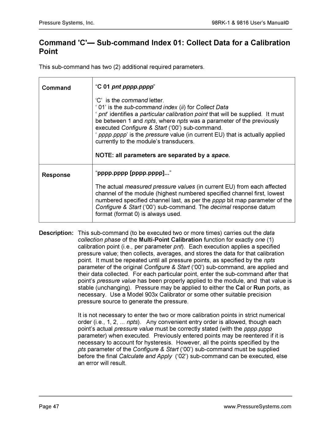 Pressure Systems 98RK-1 user manual Pnt pppp.pppp, Response Pppp.pppp pppp.pppp 