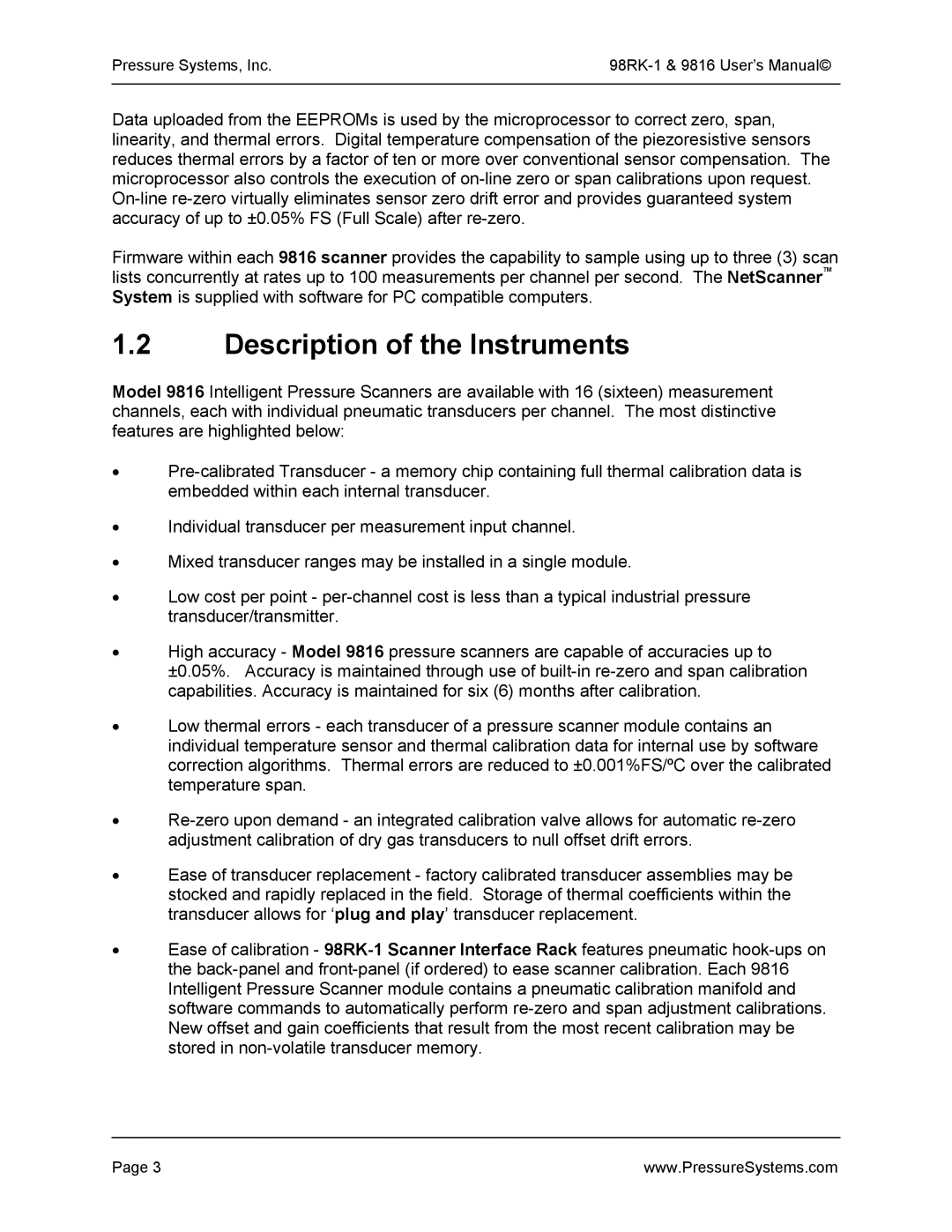 Pressure Systems 98RK-1 user manual Description of the Instruments 