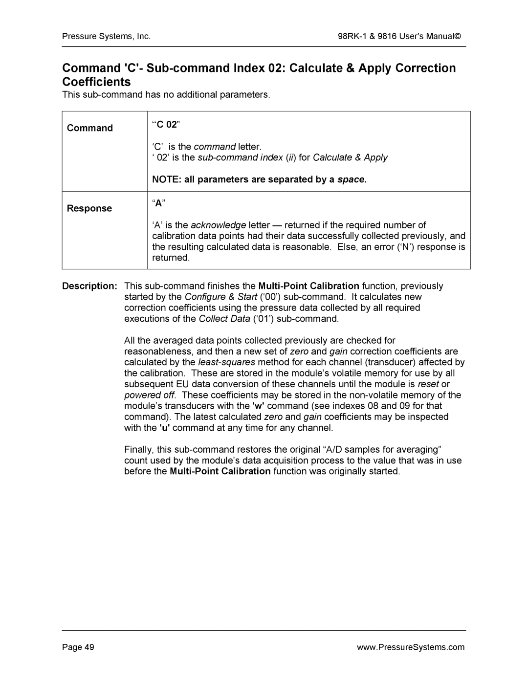 Pressure Systems 98RK-1 user manual ‘ 02’ is the sub-command index ii for Calculate & Apply 