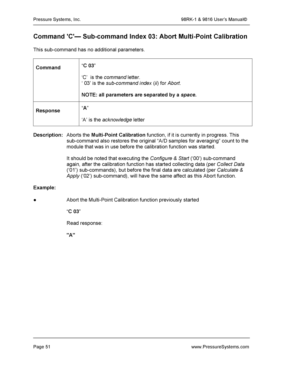 Pressure Systems 98RK-1 user manual ‘ 03’ is the sub-command index ii for Abort 