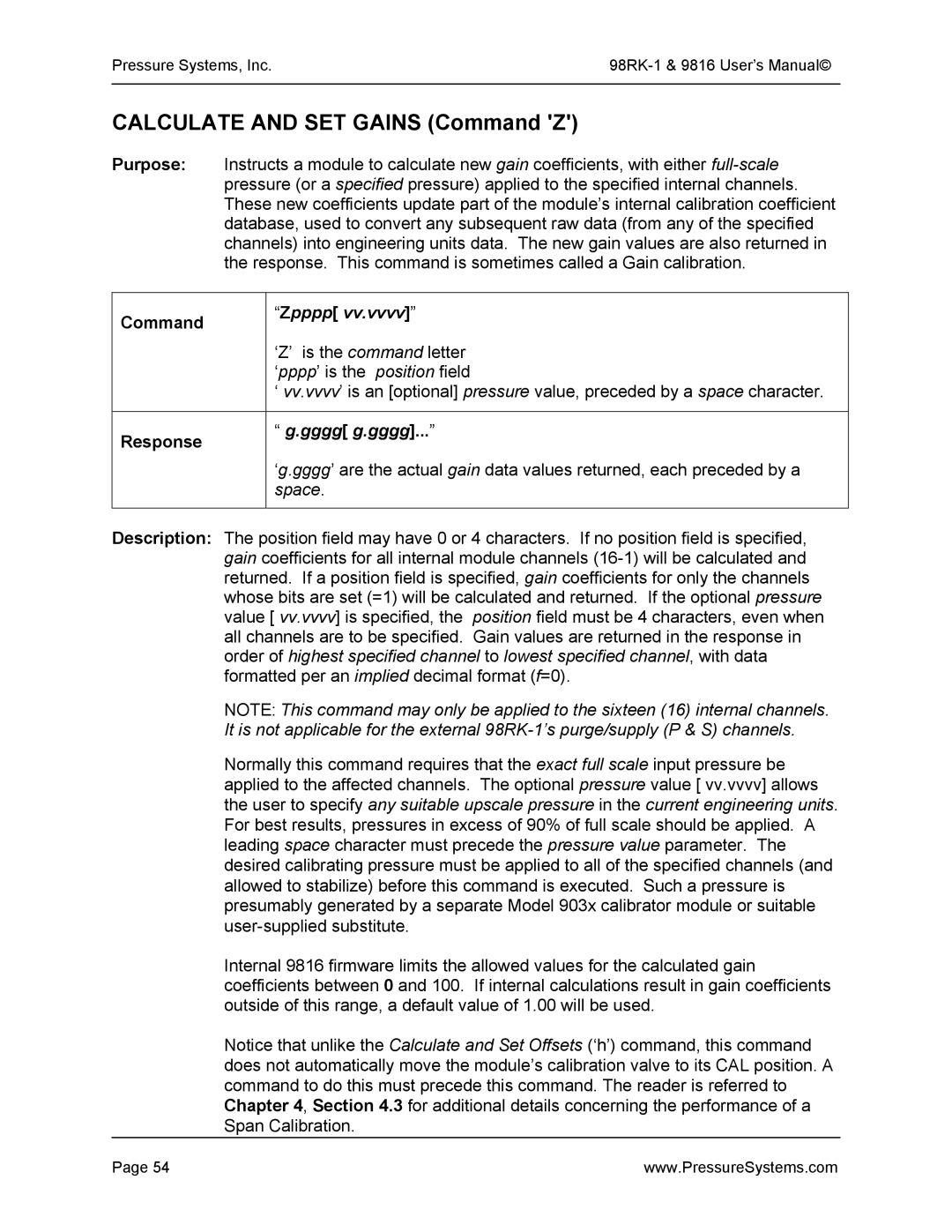 Pressure Systems 98RK-1 user manual Calculate and SET Gains Command Z, Zpppp, Gggg g.gggg 