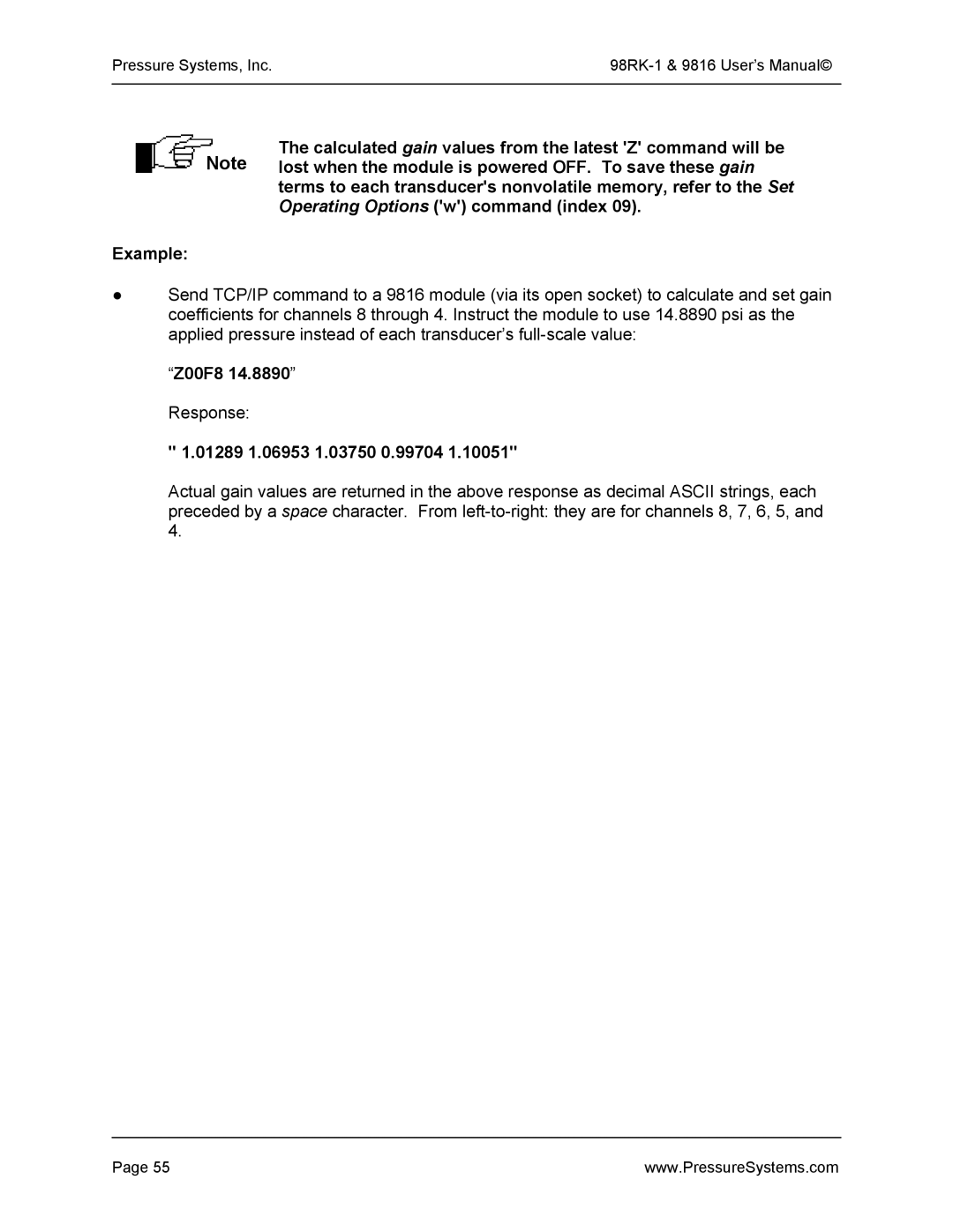 Pressure Systems 98RK-1 user manual Z00F8 14.8890 Response 01289 1.06953 1.03750 0.99704 