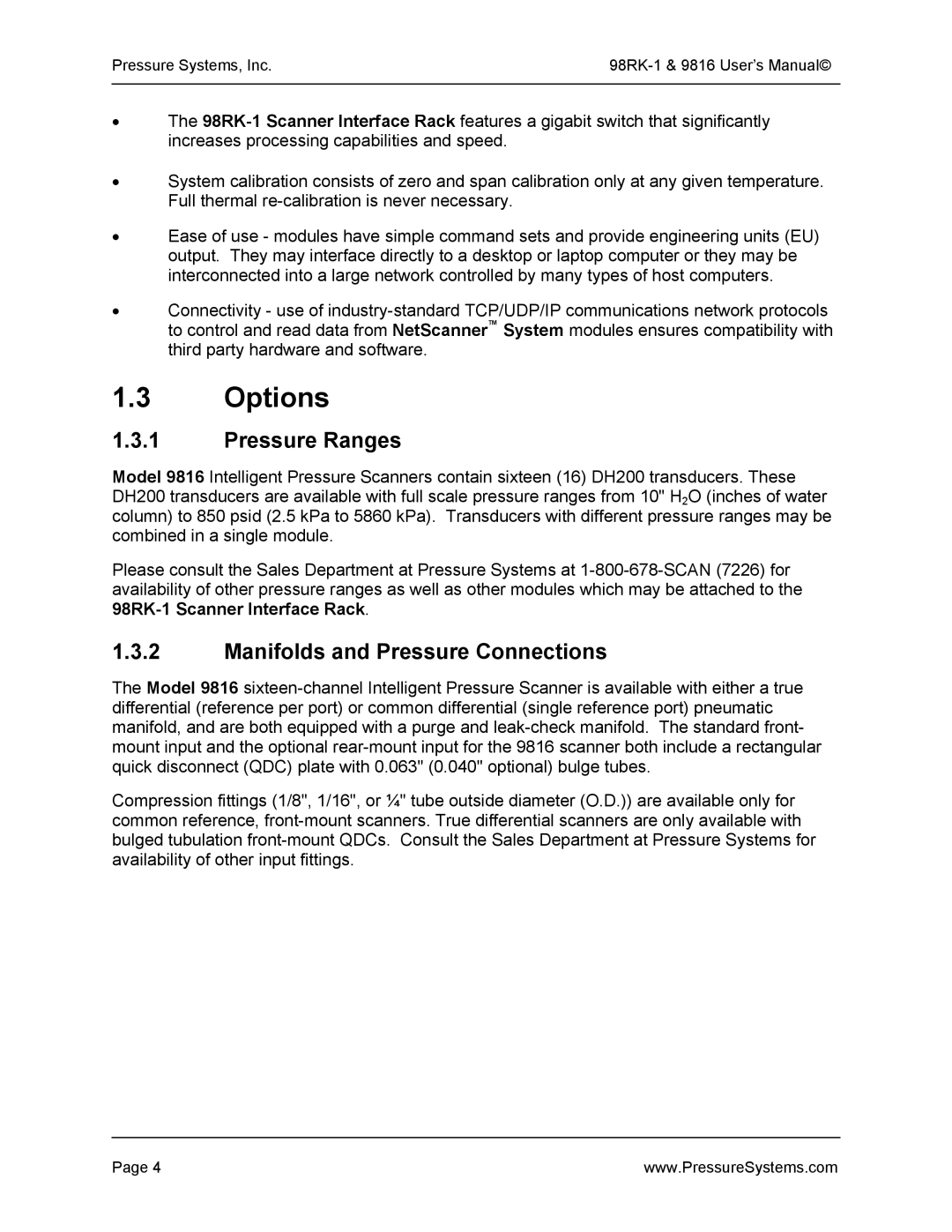 Pressure Systems 98RK-1 user manual Options, Pressure Ranges, Manifolds and Pressure Connections 