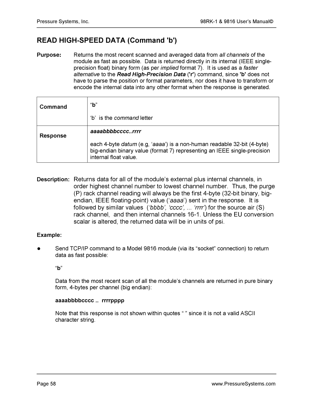 Pressure Systems 98RK-1 user manual Read HIGH-SPEED Data Command b, Aaaabbbbcccc..rrrr, Aaaabbbbcccc .. rrrrpppp 